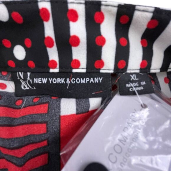NY&C Peplum Waist Blouse Size XL Red Black Geometric Neck Bow Balloon Sleeve NEW - Picture 6 of 12